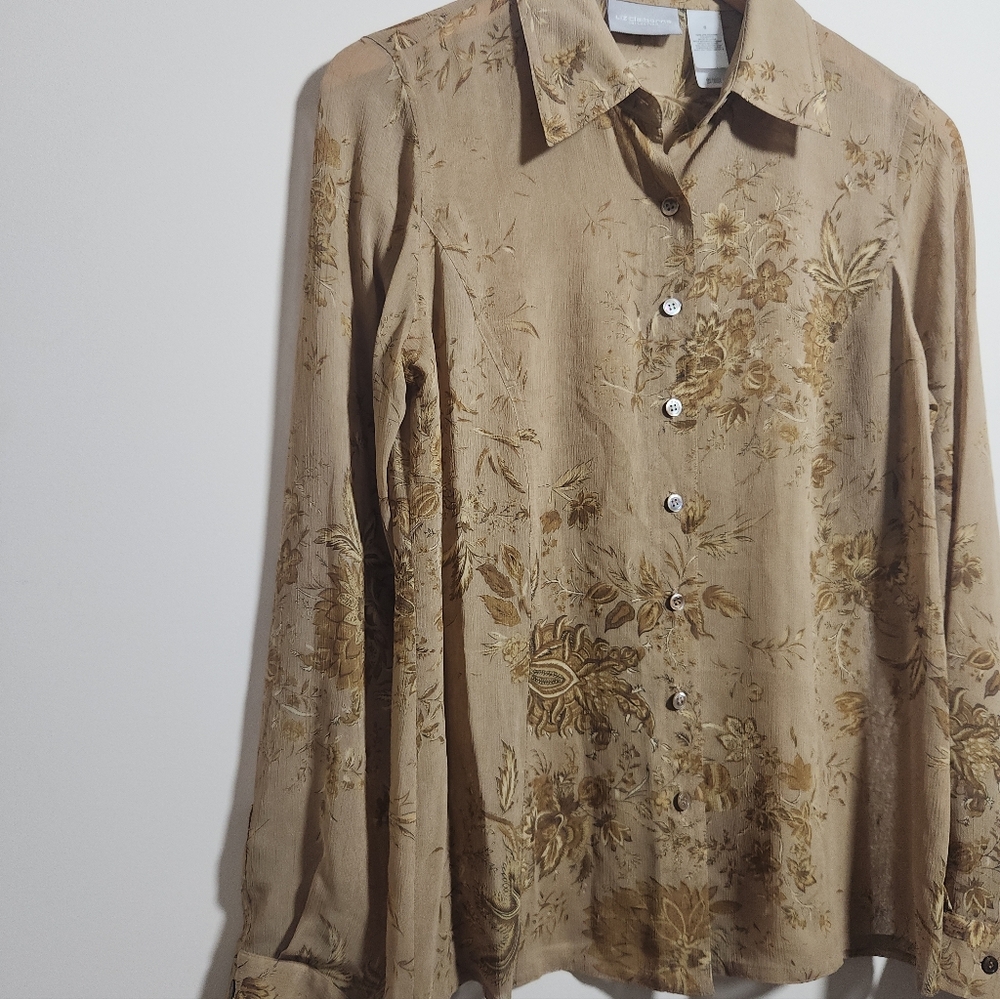 Liz Claiborne Floral Button Up Shirt Size 6 Textured Sheer Neutral Mallcore Top - Picture 2 of 9